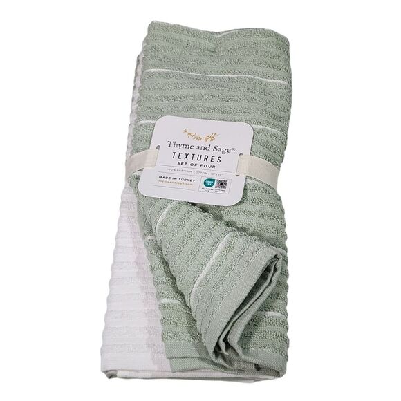 Thyme and Sage Kitchen Towel Set of 4pcs Green and White Striped Turkish Cotton - Picture 10 of 10